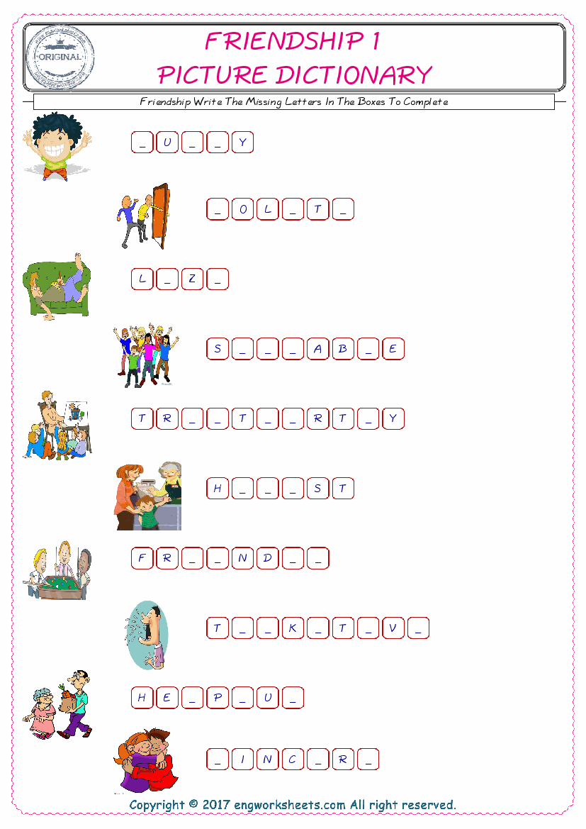  Type in the blank and learn the missing letters in the Friendship words given for kids English worksheet. 